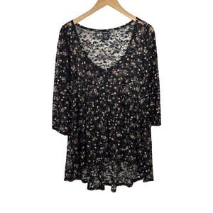 Torrid Dark Fairy Floral Tunic  2X Button Up Scoop Sheer Stretch‎ Lace Romantic